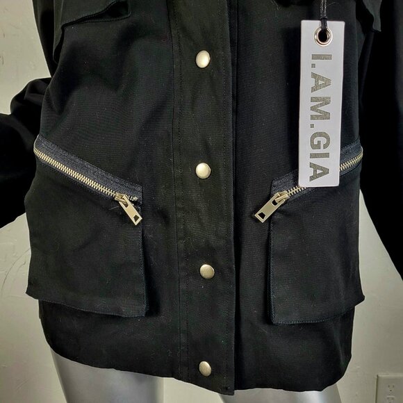 NWT~$295~I AM GIA~S/M~BLACK MILITARY UTILITY CARGO DENIM JEAN JACKET COAT - Picture 10 of 16